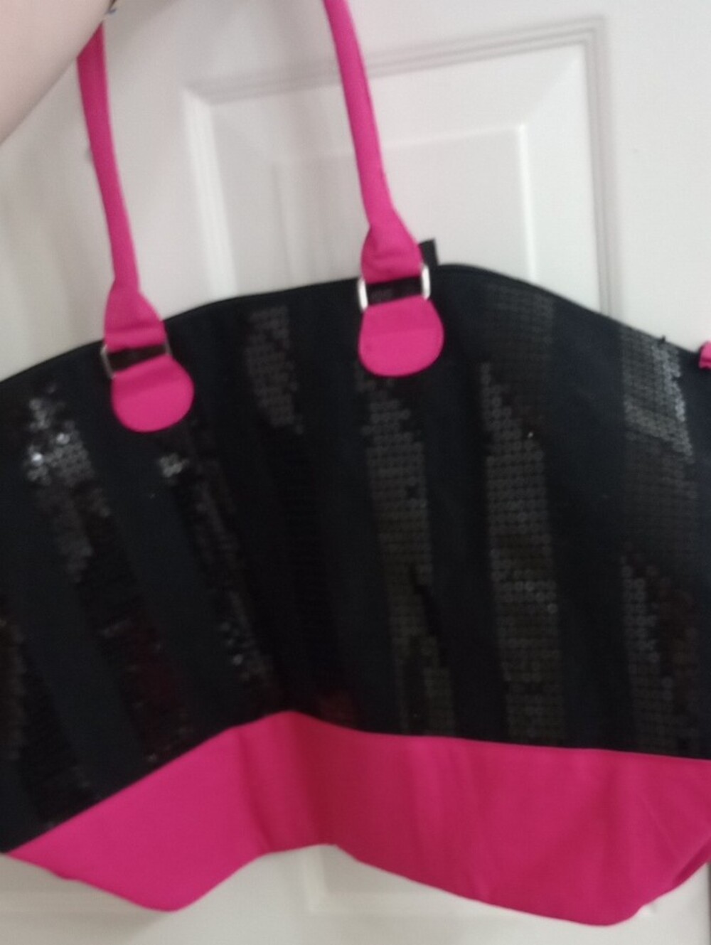 Vintage Victoria's Secret Black and Hot Pink Sequin Stripe Tote - Picture 3 of 4